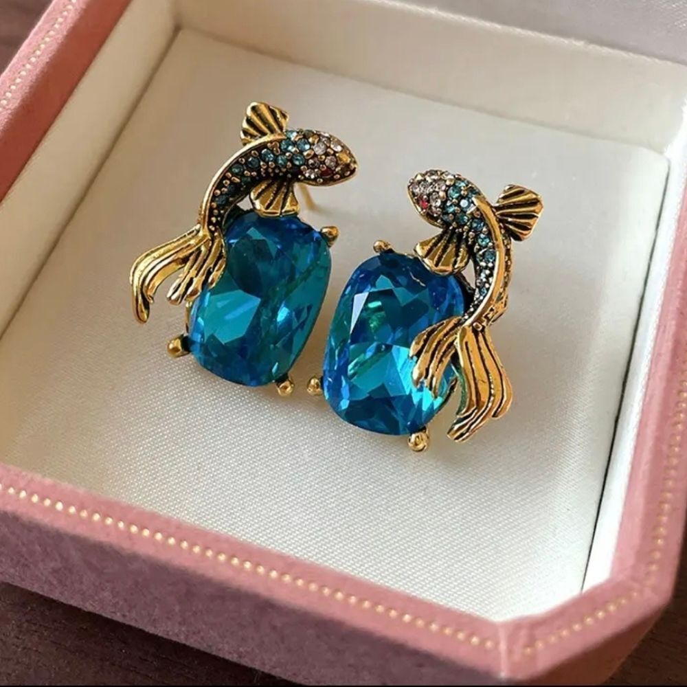 Rustic Koi FishโBlue Rhinestone Accent Stud Earrings